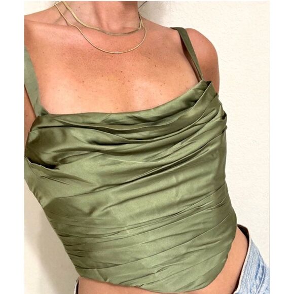 NWT Zara Blogger’s Favorite Green Satin Effect Ruched Draped Corset Top, Size XS - Picture 13 of 16